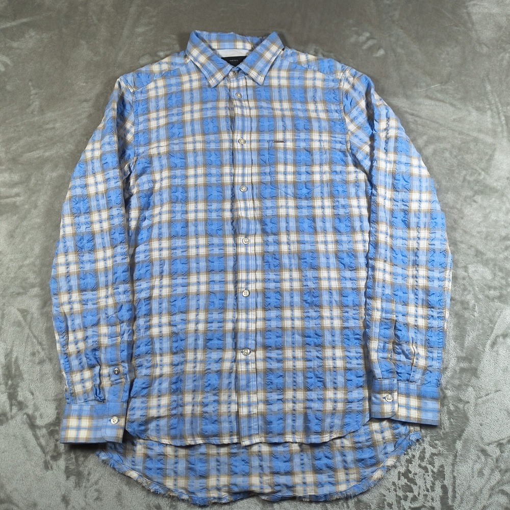 Diesel Shirt Mens Large Blue Plaid Seersucker Button Up Long Sleeve Lightweight - Picture 2 of 12